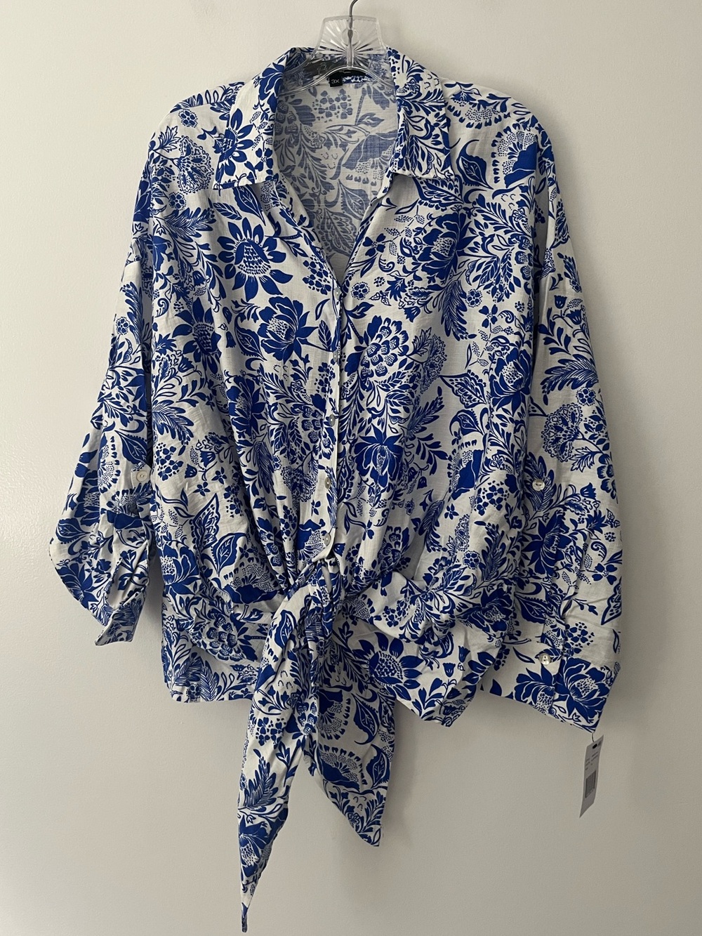 NEW Calessa Blue Floral Roll Tab Button Up Tie Top Blouse 3X Hippie Bohemian
